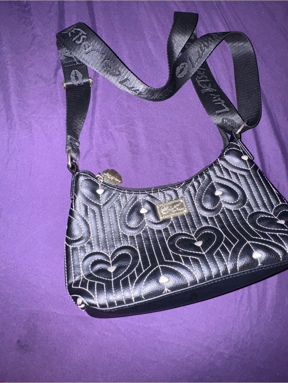 Betsy Johnson Quilted Heart-Pattern Black Shoulder Bag
